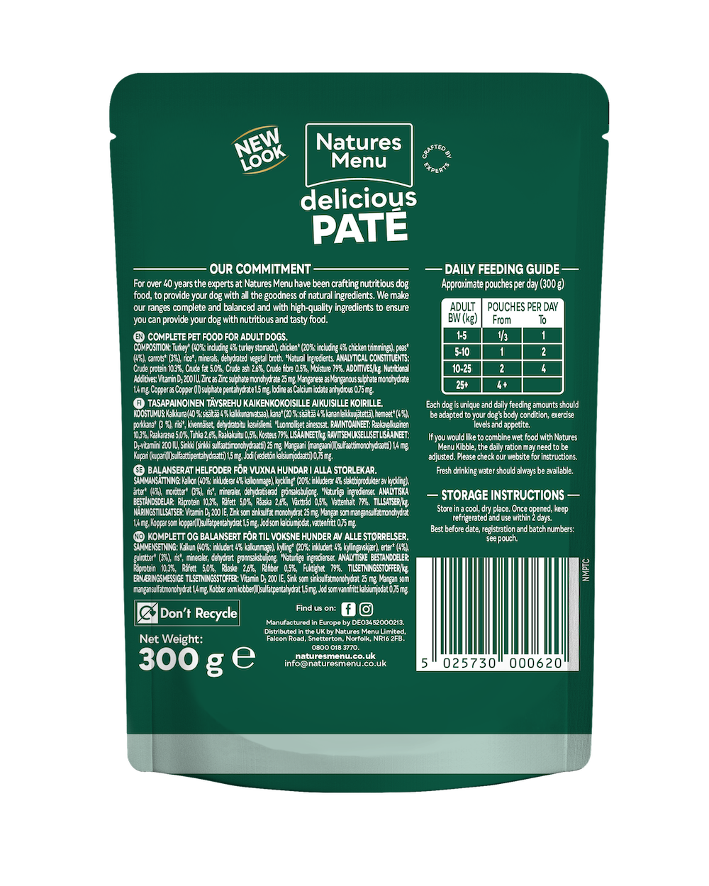 Natures Menu Turkey with Chicken 300g pouch, back of pack with composition and daily feeding guide