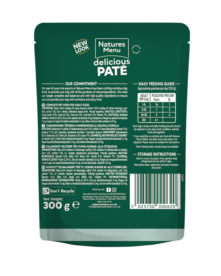 Natures Menu Turkey with Chicken 300g pouch, back of pack with composition and daily feeding guide