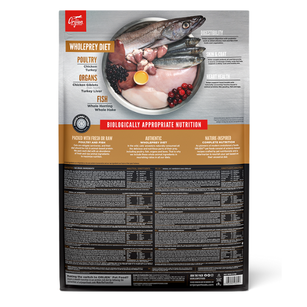 Orijen Original Cat dry cat food bag, back of pack with ingredients and feeding information