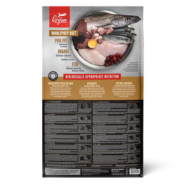 ORIJEN Puppy dry dog food, back of bag with WholePrey ingredients and nutrition panel