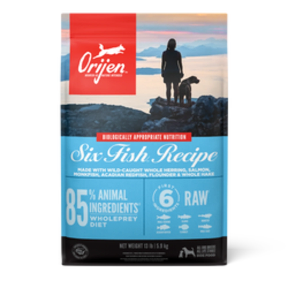 Bag of Orijen Six Fish Dog Food featuring premium wild-caught fish ingredients, suitable for all dog breeds and life stages.