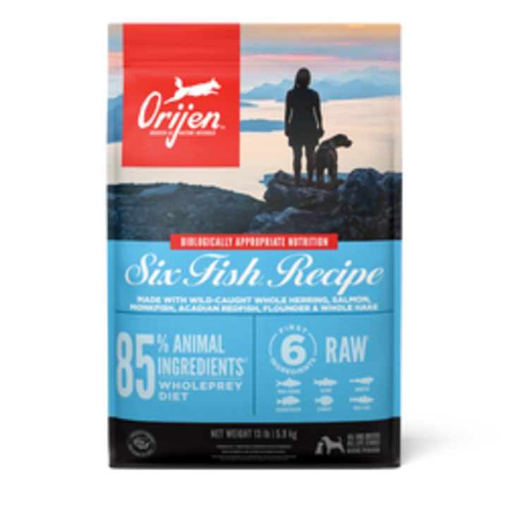 Bag of Orijen Six Fish Dog Food featuring premium wild-caught fish ingredients, suitable for all dog breeds and life stages.