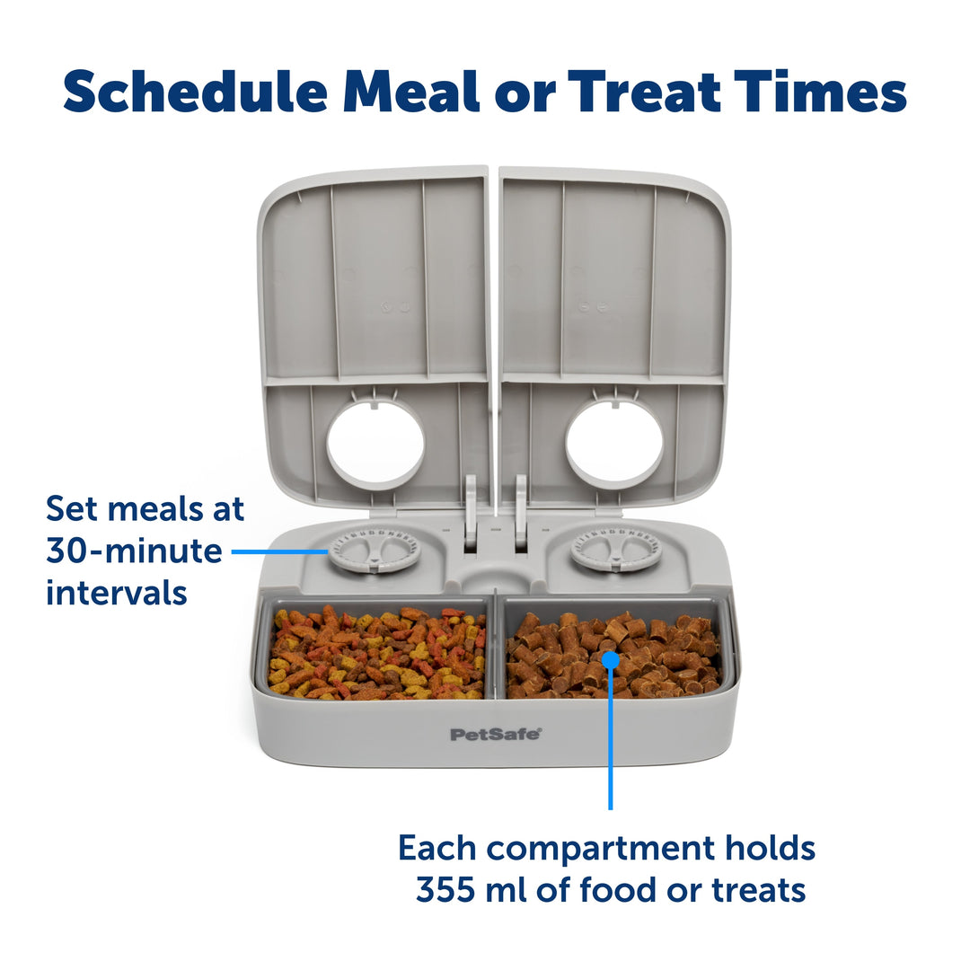 PetSafe 2 Meal Pet Feeder schedules meals at 30 minute intervals, each compartment holds 355ml
