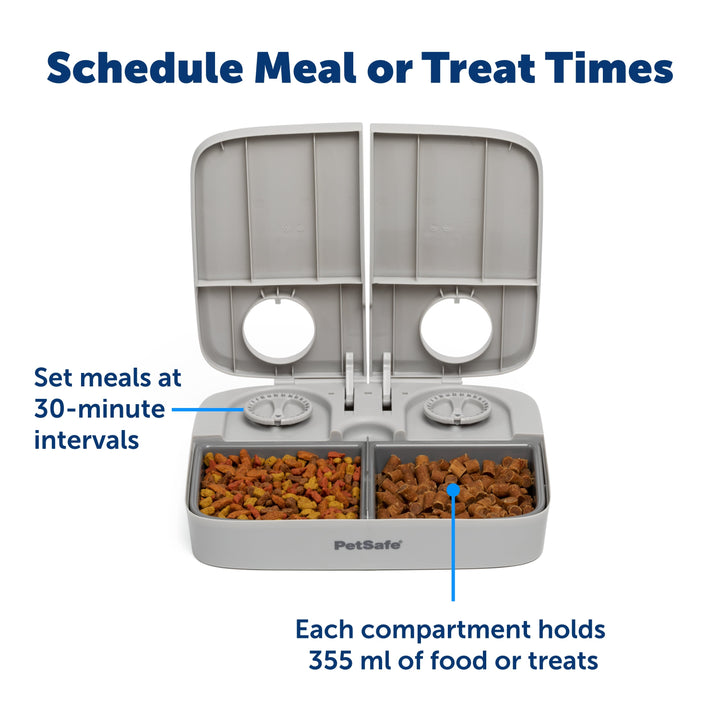 PetSafe 2 Meal Pet Feeder schedules meals at 30 minute intervals, each compartment holds 355ml