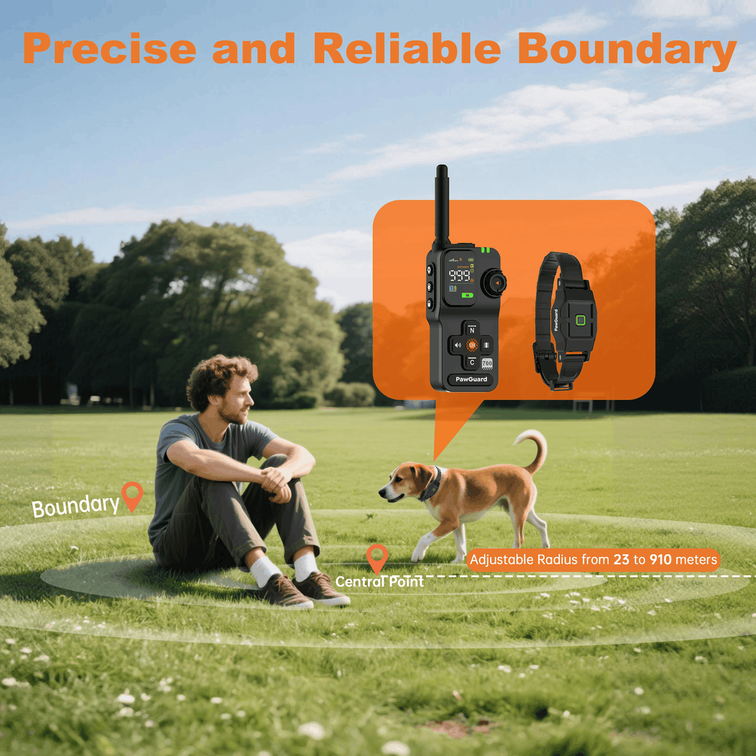PawGuard 700 GPS dog fence in use: owner and dog in a park inside a circular boundary