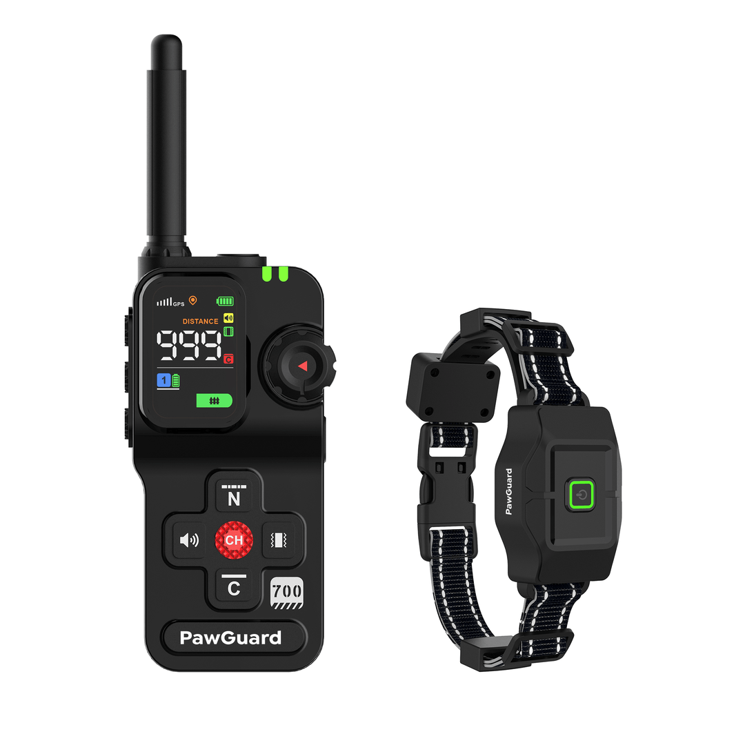 PawGuard 700 Plus handheld transmitter with external antenna and receiver collar with nylon strap
