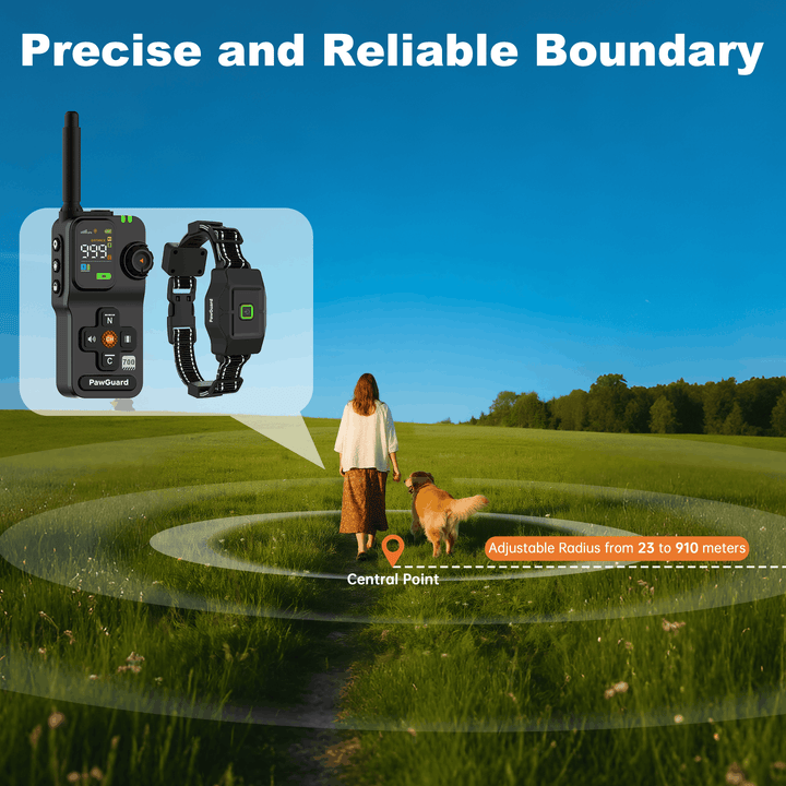 PawGuard 700 Plus GPS dog fence in use: owner and dog in an open field inside a circular boundary