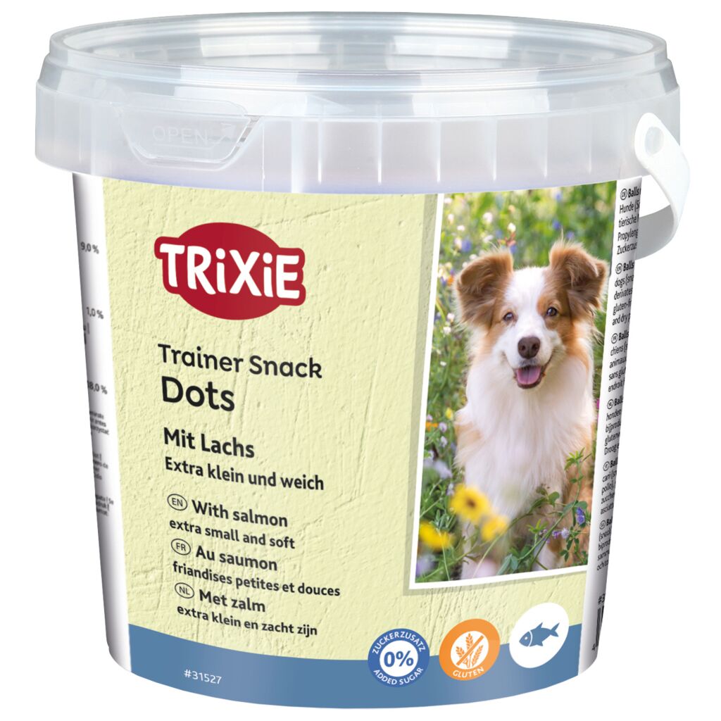 Trixie Trainer Snack Dots with Salmon 500g tub, front of pack