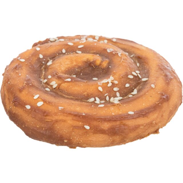 Trixie Denta Fun Chewing Duck Pie 70g, rawhide spiral chew covered in duck with sesame seeds, side view