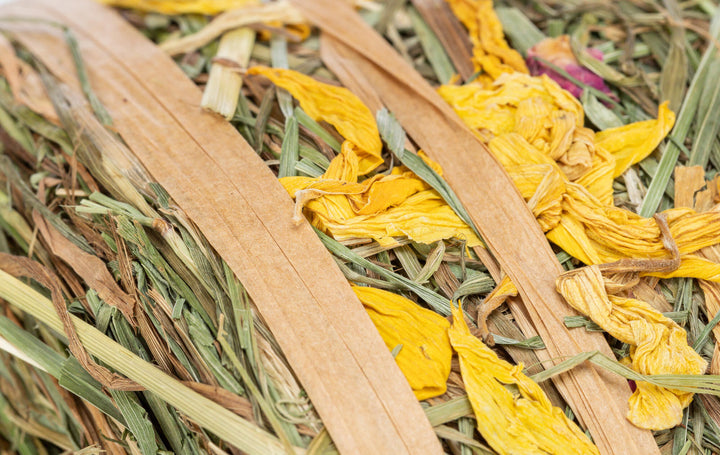 Close up of the Trixie Hay Roll with Blossoms showing yellow flower petals and cellulose tape wrap