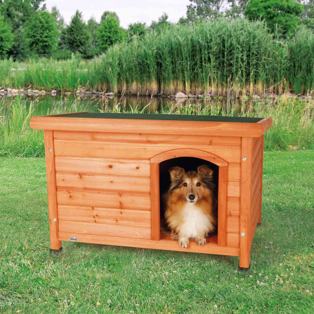 Trixie Classic Natura Dog Kennel S to M with Sheltie in garden