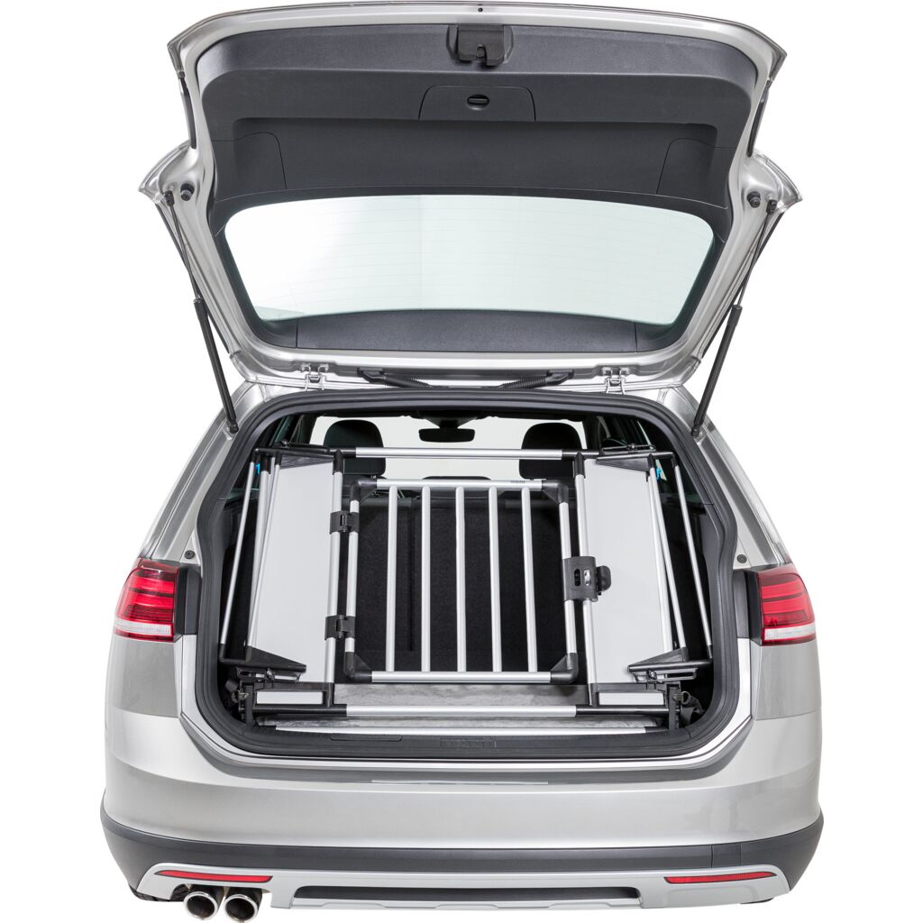 Trixie Universal Rear Car Grid fitted in an estate car boot with tailgate open