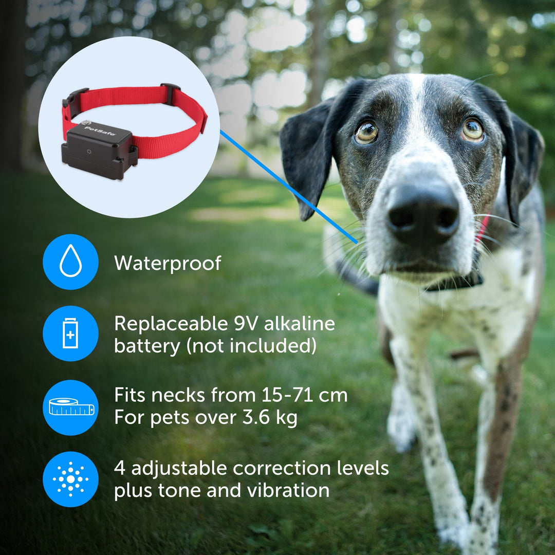 PetSafe Stubborn Dog collar features: waterproof, 9V battery not included, fits necks 15 cm to 71 cm, 4 levels plus tone and vibration