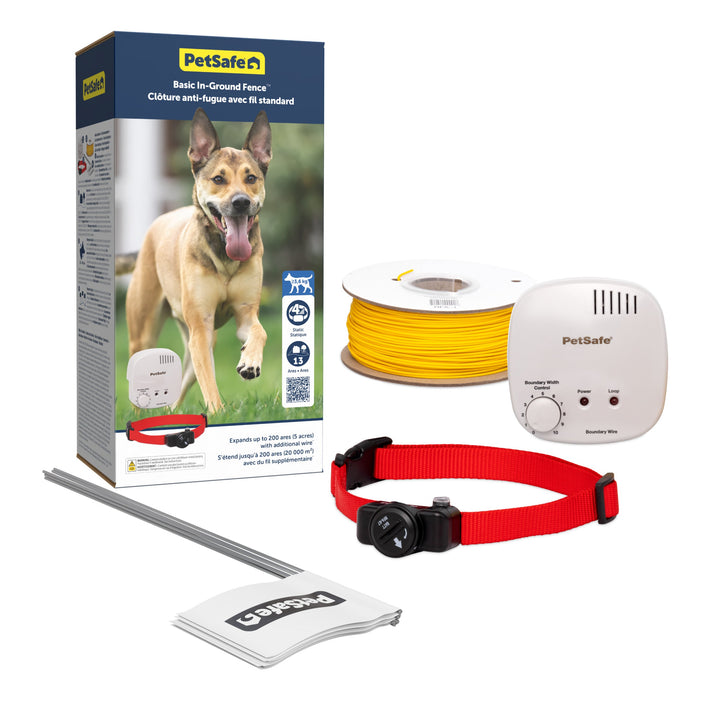 PetSafe Basic In-Ground Fence PIG19-16412 box with transmitter, boundary wire, red receiver collar and training flags