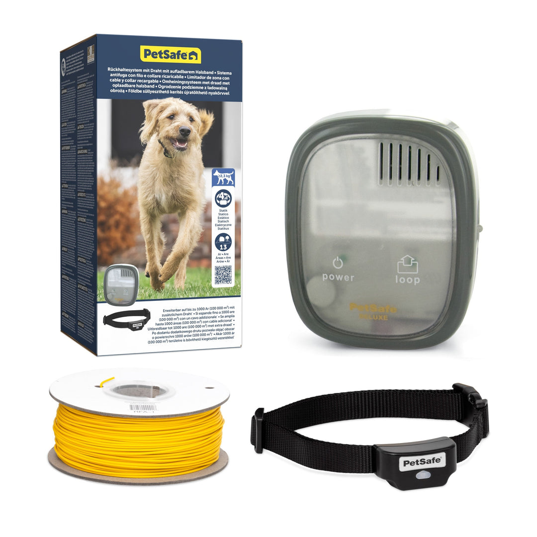 PetSafe Rechargeable In-Ground Fence PIG19-16413 box with transmitter, yellow boundary wire and rechargeable receiver collar