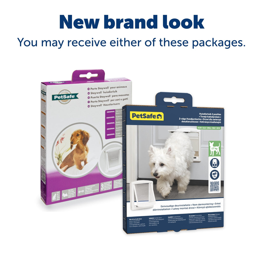 Staywell Original 2 Way Pet Door old and new PetSafe packaging, either may be supplied