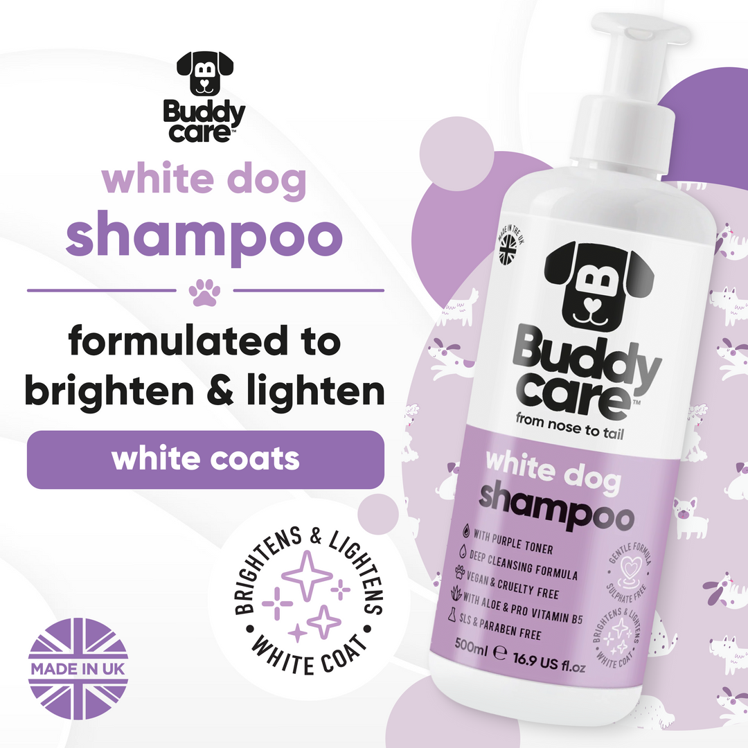 Buddycare White Dog Shampoo 500ml, formulated to brighten and lighten white coats, made in UK