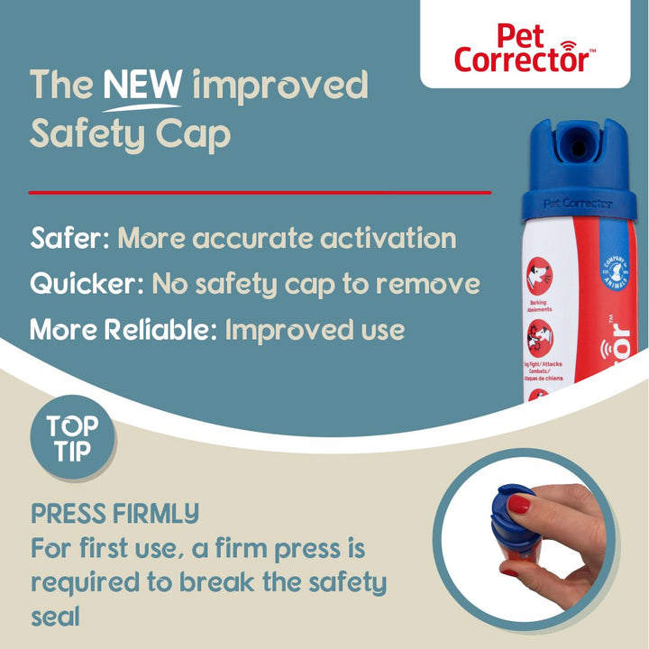 Pet Corrector new improved safety cap: press firmly on first use to break the safety seal