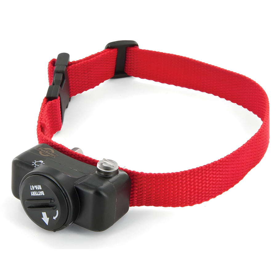 A red PetSafe brand adjustable receiver collar for dogs, featuring a black control unit with settings indicators.