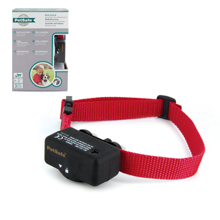 A PetSafe Bark Control Collar, which is red and black in color, displayed alongside its packaging.