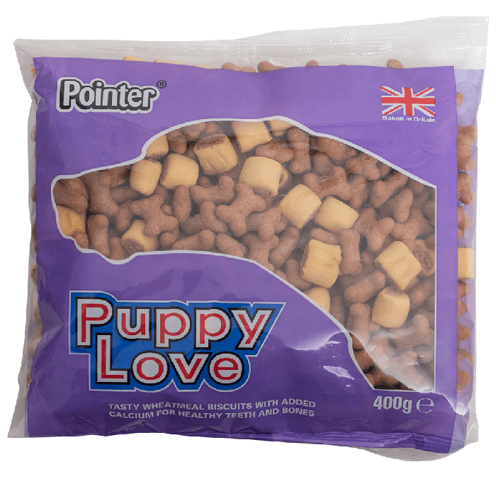 Dog Section > Biscuits, Treats & Chews > Pointer Display & Pre-Pack Treats < Previous Product Code| Next Product Code > POINTER PUPPY LOVE 400G