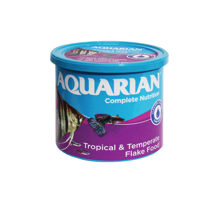 Aquarian Complete Nutrition Tropical and Temperate Flake Food tub, front of pack