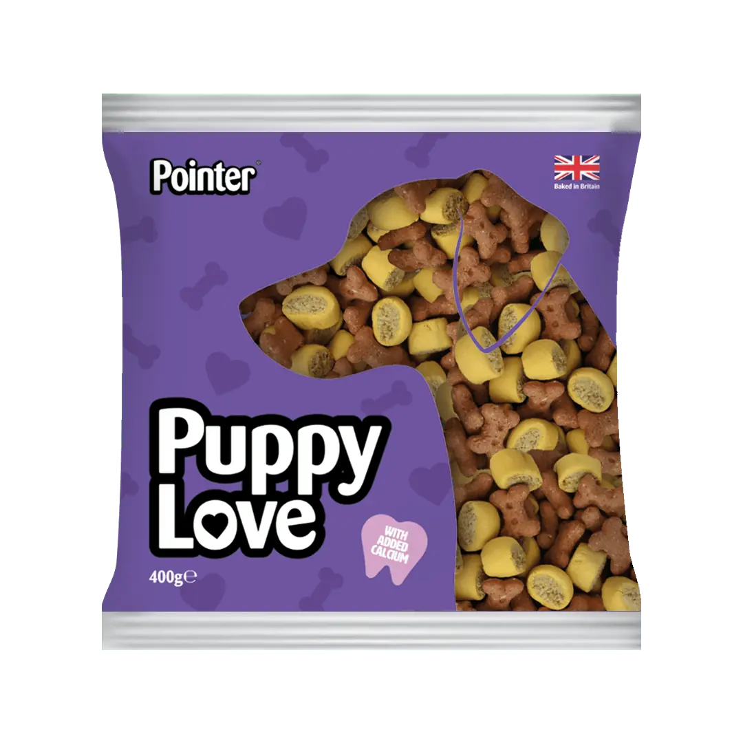 Pointer Puppy Love dog treats 400g bag, front of pack