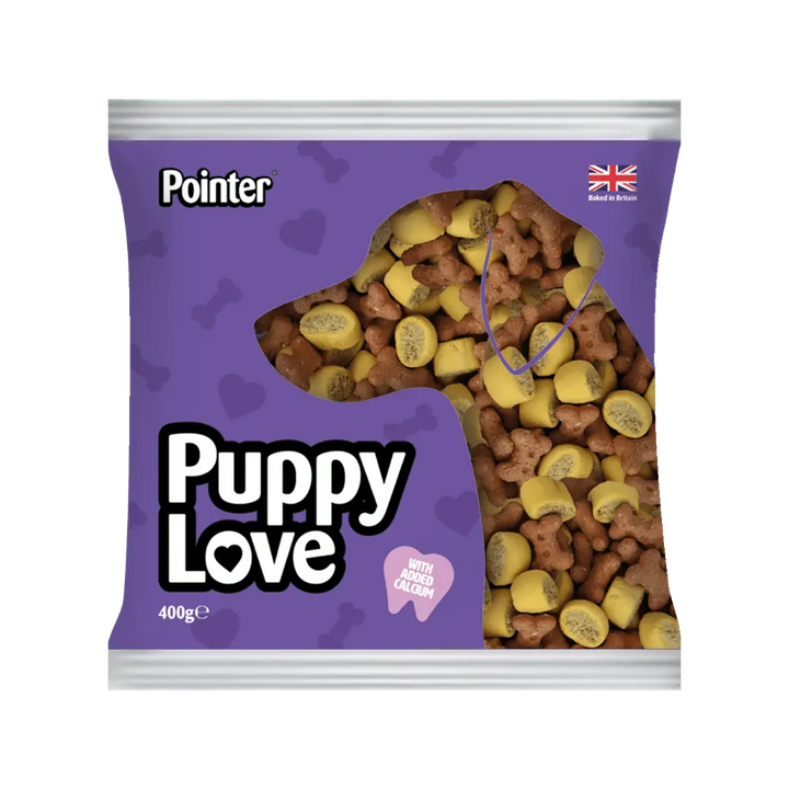Pointer Puppy Love dog treats 400g bag, front of pack