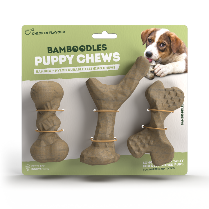 Bamboodles Puppy Chews 3 pack with I bone, Y bone and X bone in retail pack