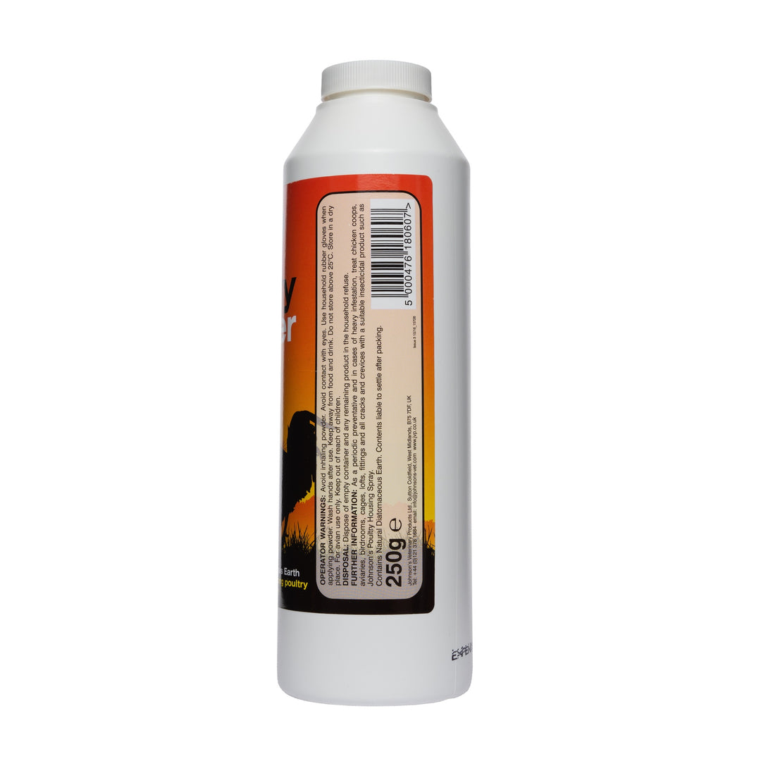 Johnson's Poultry Mite and Lice Powder 250g label with operator warnings and further information