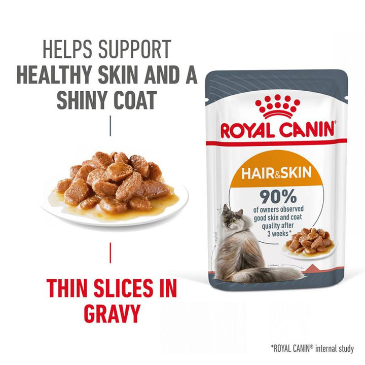 Royal Canin Hair and Skin Care in Gravy pouch with thin slices in gravy, helps support healthy skin and a shiny coat