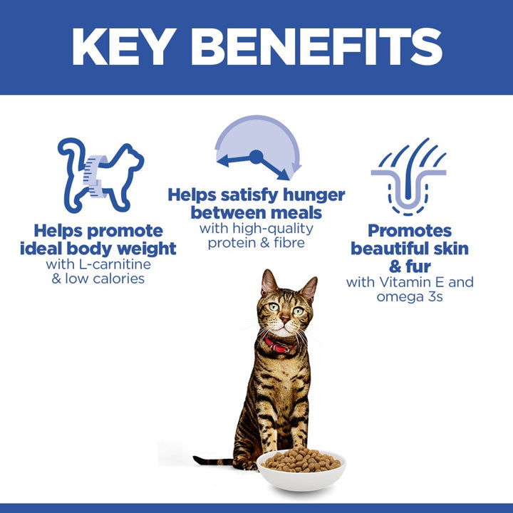 Hill's Science Plan Light Adult cat food key benefits: ideal body weight, satisfies hunger, skin and fur