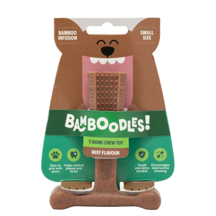 Bamboodles T-Bone Chew Toy, Beef flavour, current pack design, small size shown