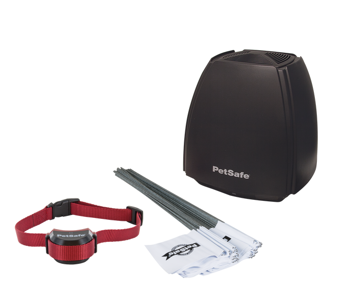 PetSafe Stay and Play Wireless Fence for Stubborn Dogs components: transmitter, red receiver collar and training flags