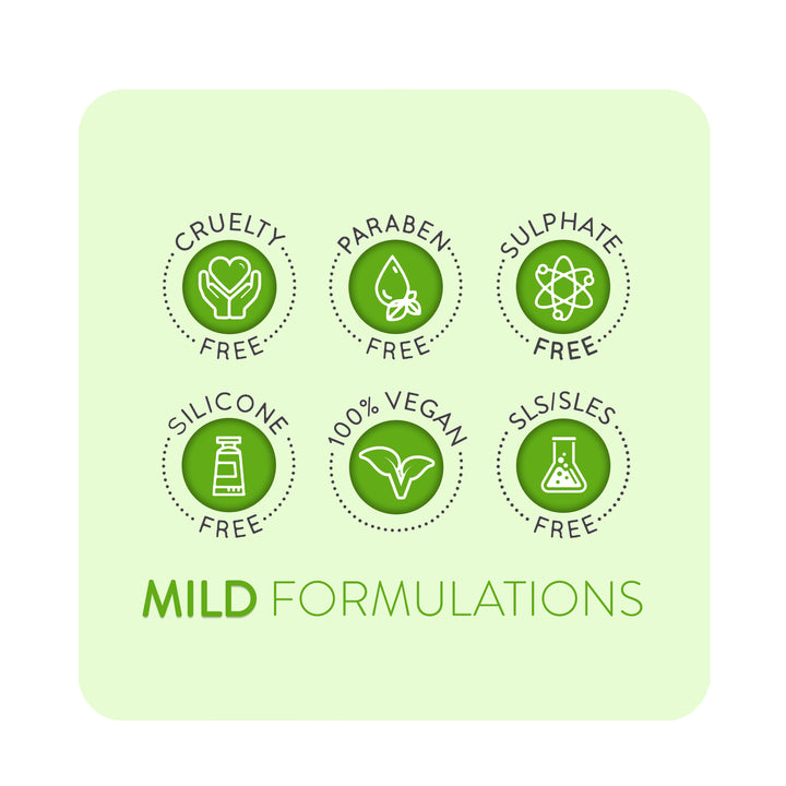 Animology mild formulations icons: cruelty free, paraben free, sulphate free, silicone free and 100% vegan