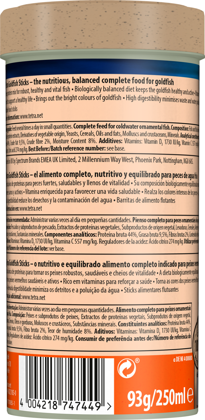 Tetra Goldfish Sticks 93g 250ml tub, back of pack with feeding information and barcode