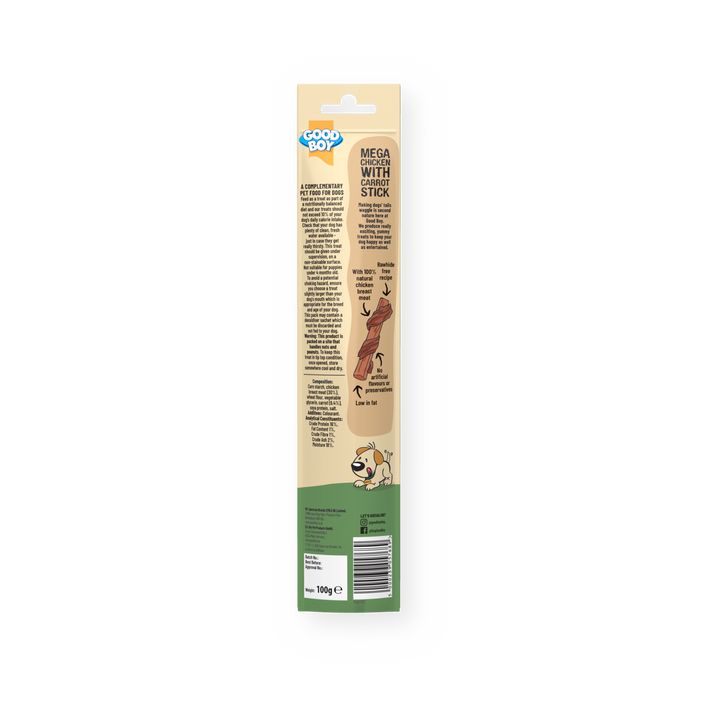 Good Boy Mega Chicken with Carrot Stick 100g, back of pack with ingredients and feeding guide