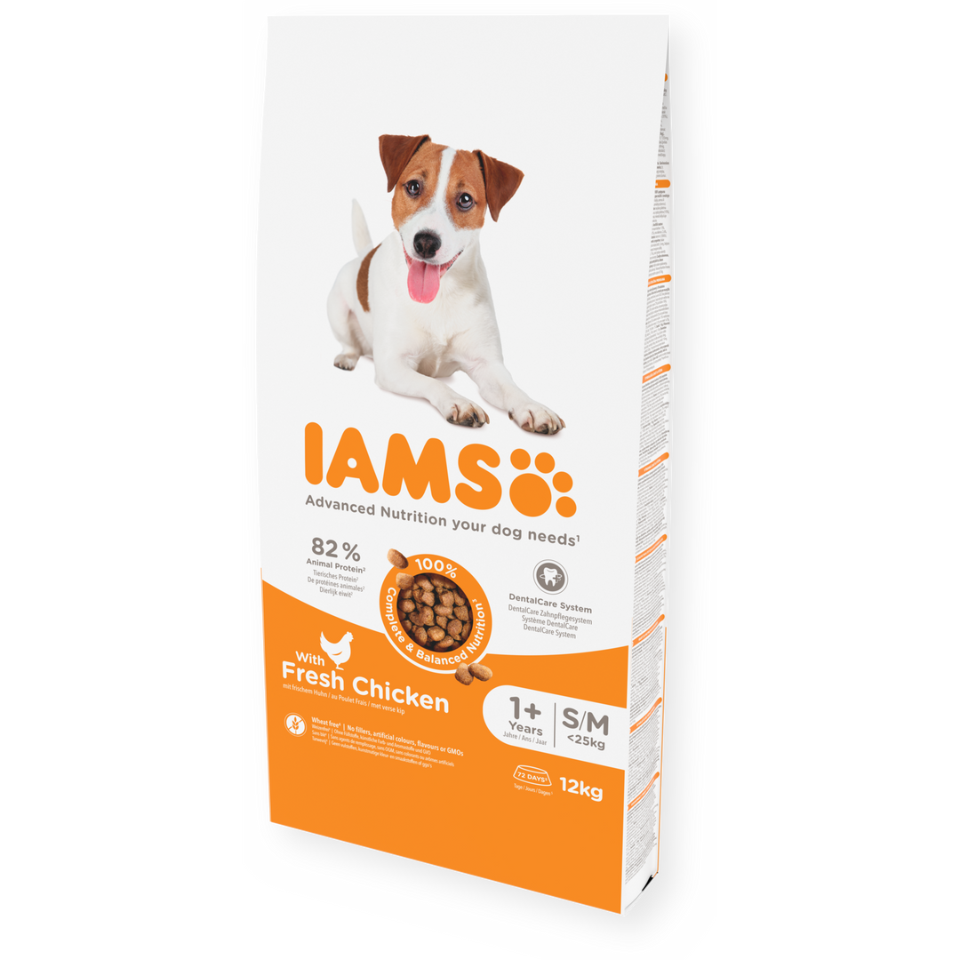 IAMS Adult Small & Medium Breed with Fresh Chicken 12kg bag, angled view