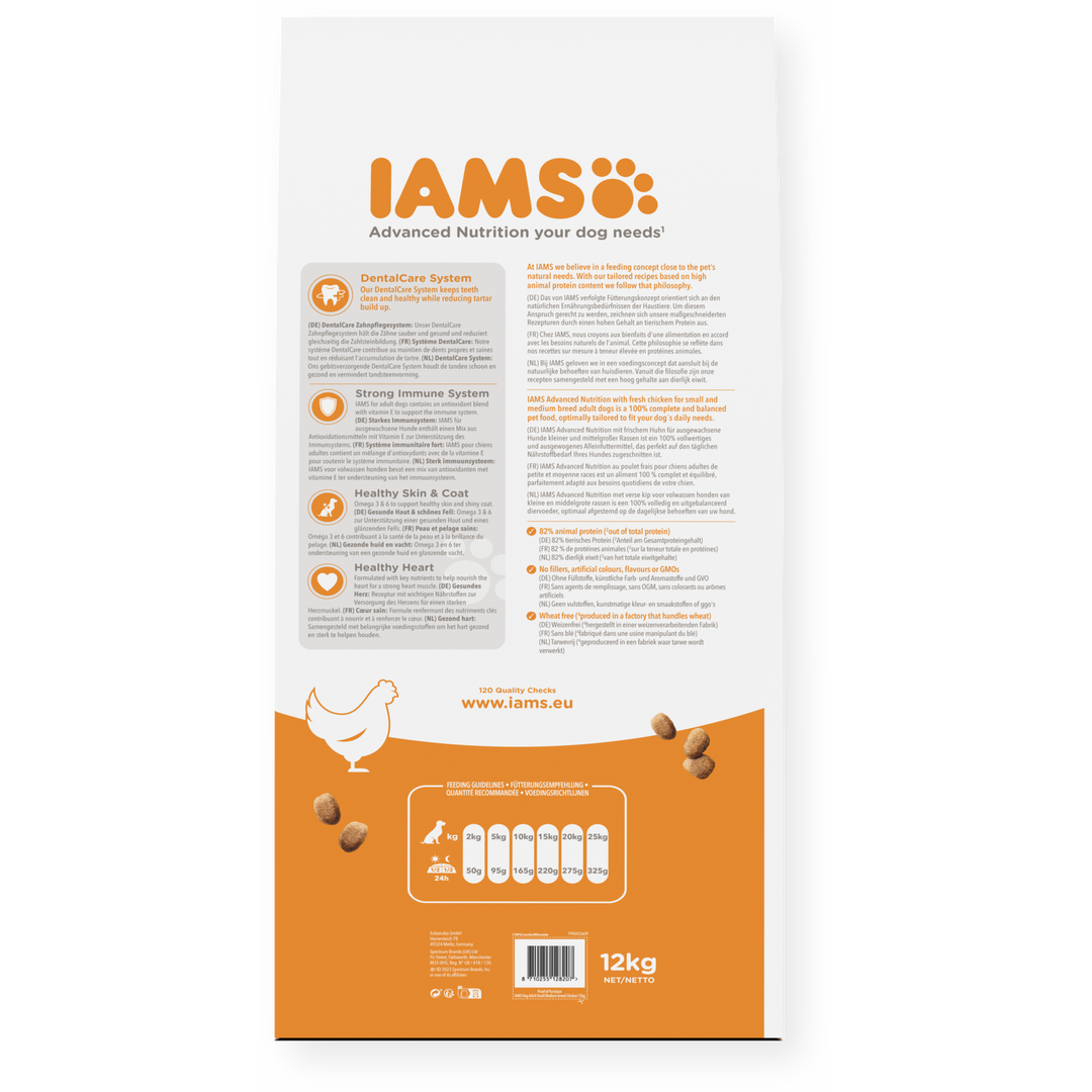 IAMS Adult Small & Medium Breed with Fresh Chicken 12kg, back of pack