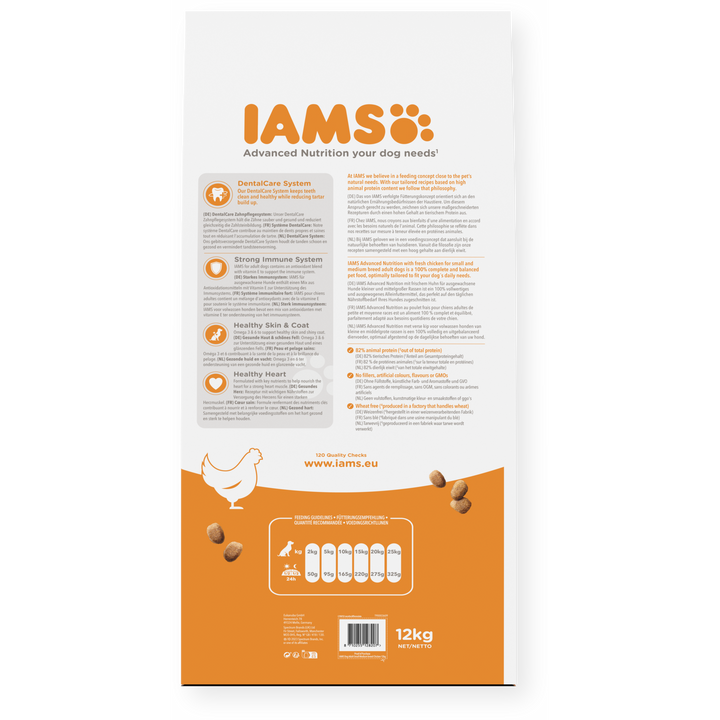 IAMS Adult Small & Medium Breed with Fresh Chicken 12kg, back of pack