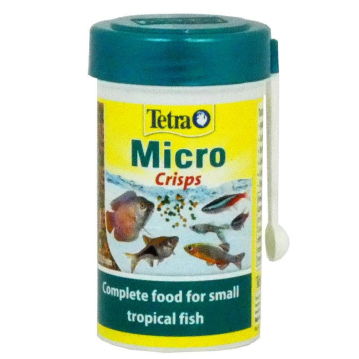 Tetra Micro Crisps fish food container with label and images of small tropical fish.