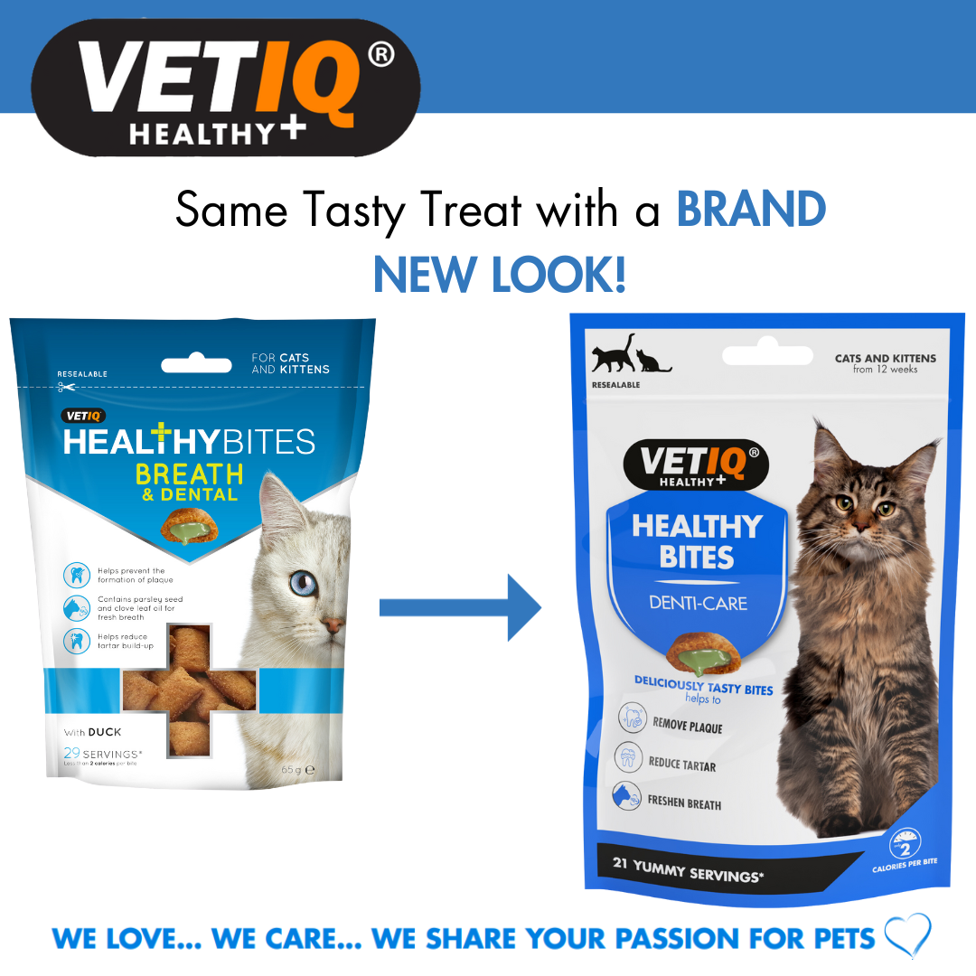 VetIQ Healthy Bites Breath and Dental old pack and new Denti-Care pack: same treat, new look