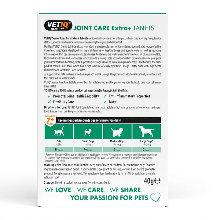 VetIQ Joint Care Extra+ Senior 45 tablets, back of pack with ingredients and usage guide