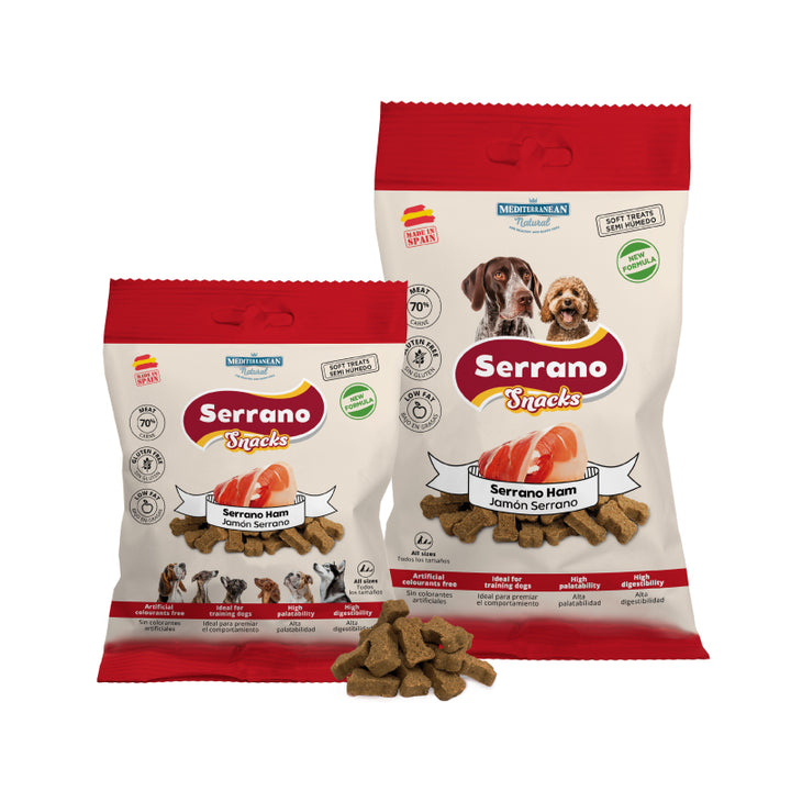 Mediterranean Natural Serrano Snacks Serrano Ham dog treats, new pack design shown in two bag sizes with bone shaped treats