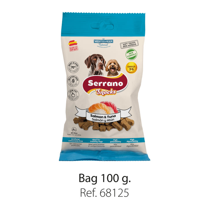 Serrano Snacks Salmon and Tuna dog treats, 100g bag in the current blue pack design