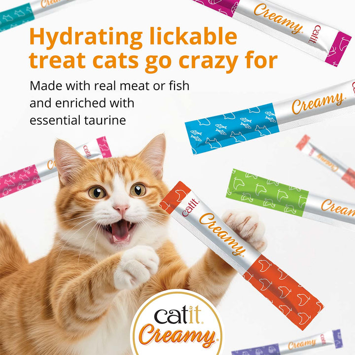 Catit Creamy hydrating lickable cat treat tubes with a ginger cat, made with real fish and taurine