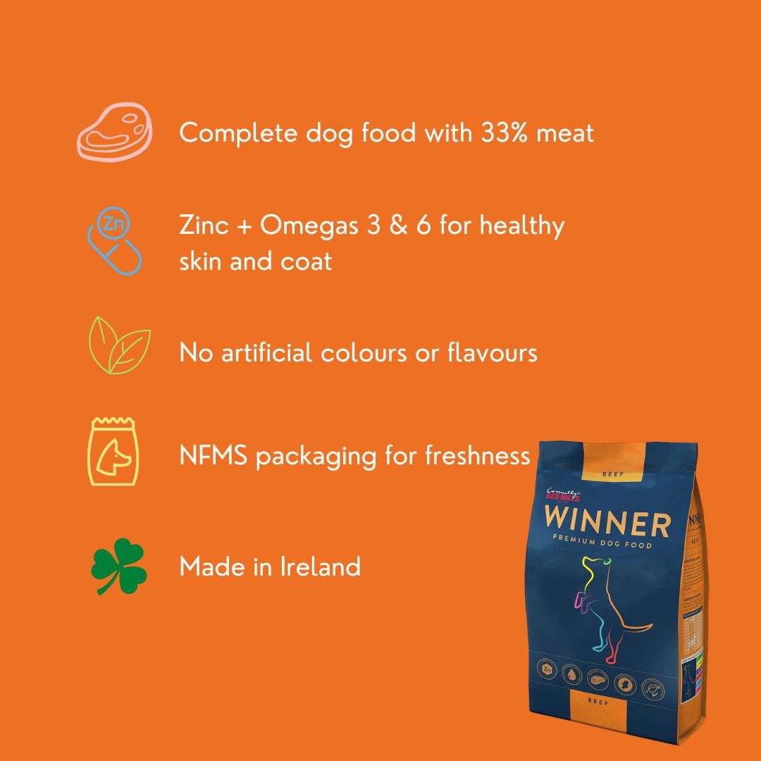 Red Mills Winner Beef key benefits: complete dog food with 33% meat, zinc and omegas 3 and 6, no artificial colours or flavours, made in Ireland