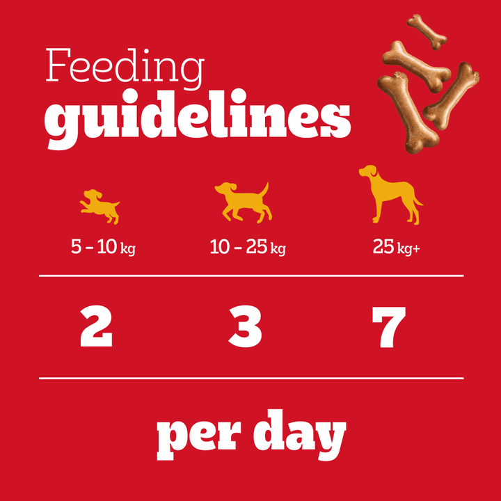 Pedigree Biscrok Gravy Bones feeding guide: 2 biscuits a day for 5kg to 10kg, 3 for 10kg to 25kg, 7 for 25kg and over