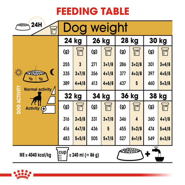 Royal Canin Boxer Adult feeding table by dog weight 24kg to 38kg
