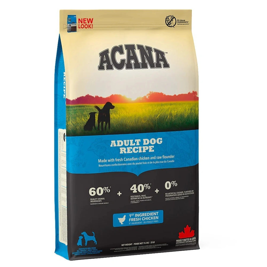 ACANA Adult Dog Food bag featuring free-run chicken, wild-caught flounder, and cage-free eggs for healthy adult dogs.